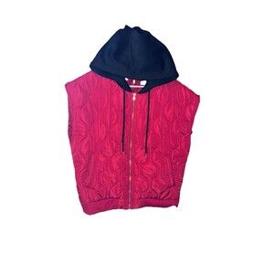 Mens Large Hooded Vest Retro 2 TONE Red Quilted Puffer Full Zip Nylon